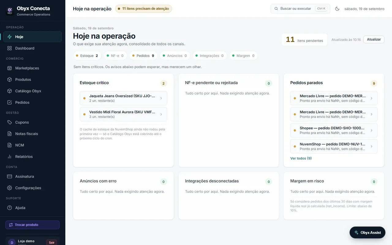 Painel Obyx Conecta: pendências do dia consolidadas de 4 canais de venda conectados